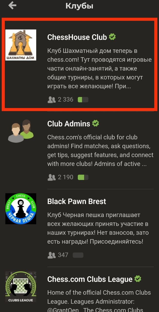Список клубов в мобильном приложении chess.com